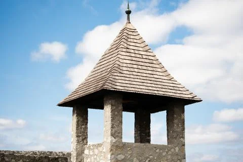 View point of triangular roof shape and covered with wooden tiles called Stock Photos