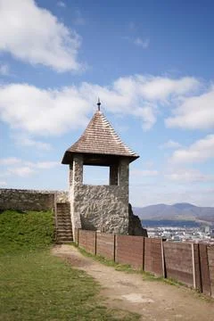 View point of triangular roof shape and covered with wooden tiles called Stock Photos