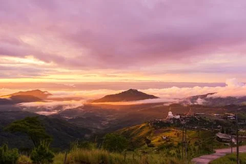 View point of Wat Prathat Phasornkaew at sun rise background at Phetchabun Stock Photos