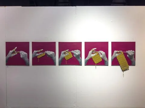 View of a polyptych artwork presents the process of knitting on an Exhibition in Stock Illustration