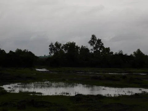 View of pond and dark clouds at the evening Stock Photos