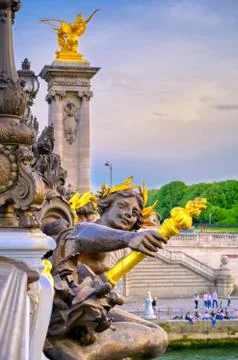 A view of the Pont Alexandre III bridge that spans the Seine River in Paris,  Stock Photos