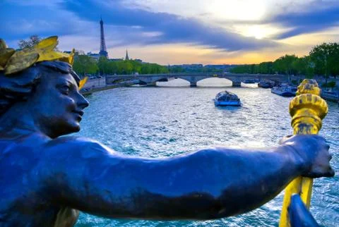 A view from the Pont Alexandre III bridge that spans the Seine River in Paris Stock Photos