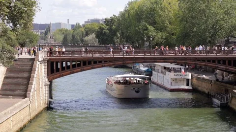 View of Pont de l'Archeveche bridge near Notre Dame Cathedral in Paris Stock Footage 105523068