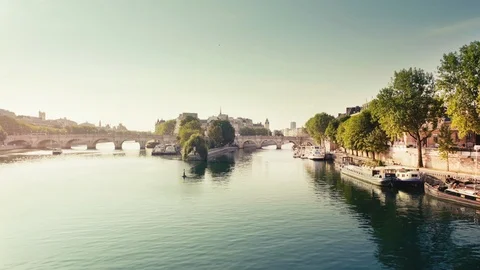 View from the Pont des Arts on old bridge across the Seine river in Paris Stock Footage 123495822