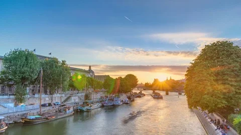 View on Pont des Arts in Paris at sunset timelapse, France Stock Footage