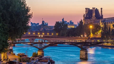 View to Pont des Arts in Paris after sunset day to night timelapse, France Stock Footage 236930488