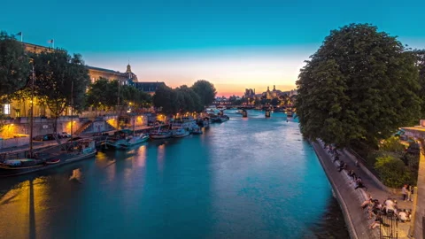 View to Pont des Arts in Paris after sunset day to night timelapse, France Stock Footage 276418660