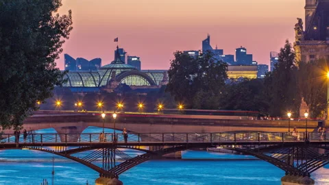 View to Pont des Arts in Paris after sunset day to night timelapse, France Stock Footage 276419079