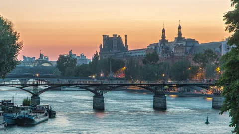 View to Pont des Arts in Paris after sunset day to night timelapse, France Stock Footage 276419260