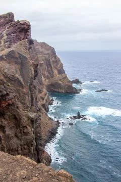View Ponta sao lourenco madeira east point hiking path stormy sea weather Stock Photos