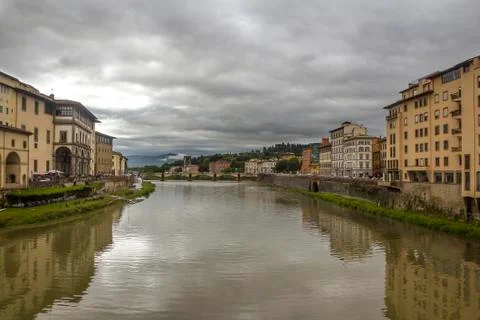 View from the Ponte Vecchio on the Arno River. Stock Photos