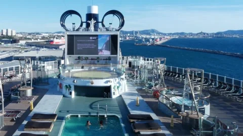 View of the pool deck of the cruise ship MSC Seaview in Marseille Stock Footage 257706158