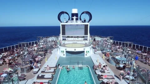 View of the pool deck of the Seaview cruise ship in the middle of the Atlantic Stock Footage 258926807