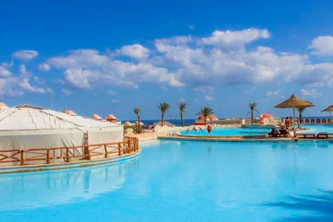 View of the pool at the hotel Stock Photos