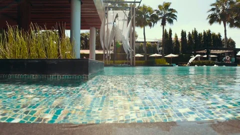 View from the pool to the sea, palm trees blue water Stock Footage 70821698