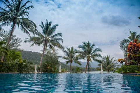 View of the pool by the sea. Stock Photos