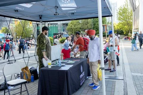 A view of pop up Canadian Armed Forces station for recruiting new members Stock Photos