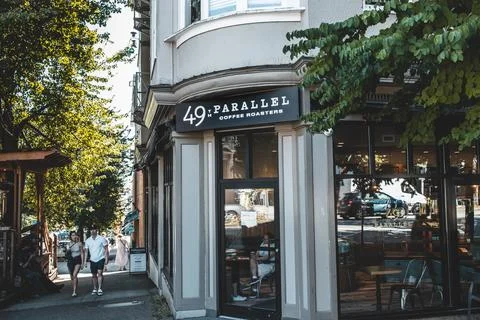 View of popular 49th Parallel coffee house in North Vancouver Stock Photos