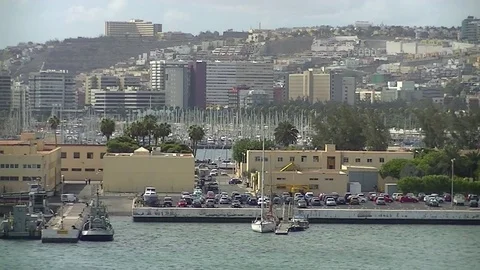 View of a port and a city Stock Footage 79679685