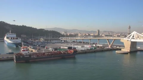 View of the port of barcelona at sunset Stock Footage 137955464