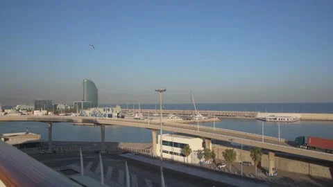 View of the port of barcelona at sunset Stock Footage 137955481