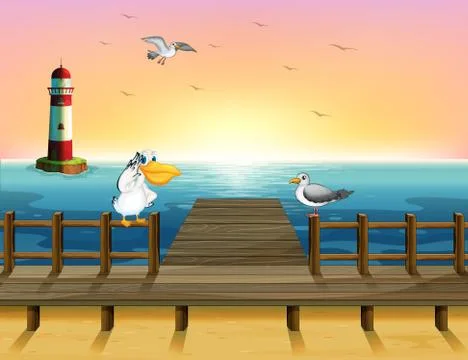 A view of the port with the birds Stock Illustration