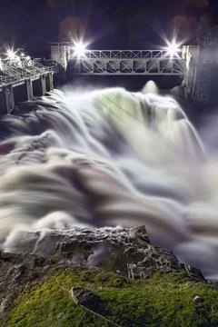 View of Post Falls Dam in evening. Stock Photos