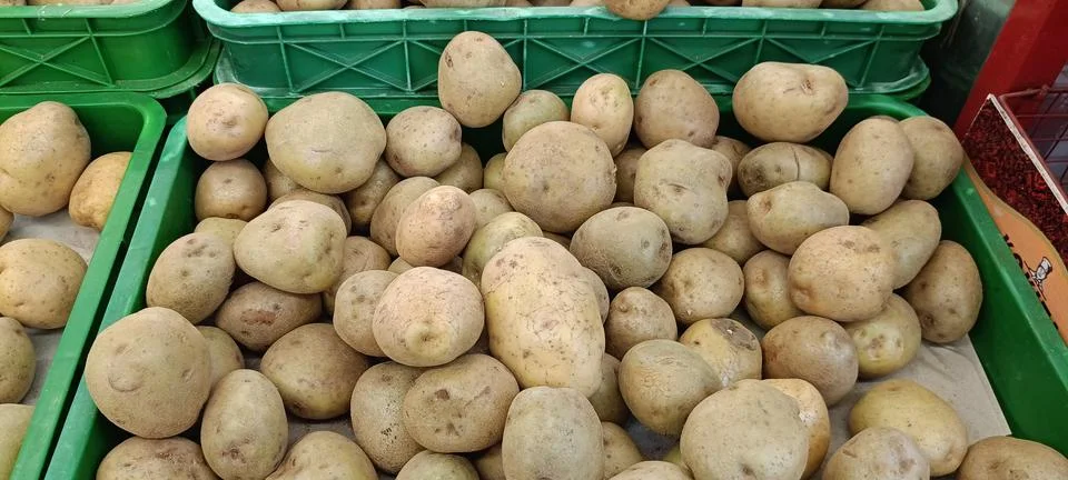 View of potatoes in a plastic tray 库存照片