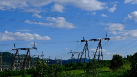 View of power line columns Stock Footage 111247181