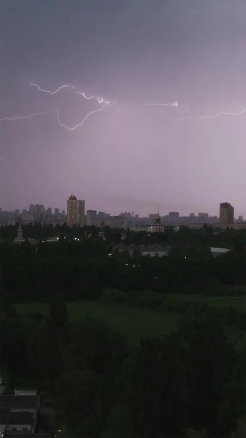 View of powerful thunderbolt flashing over city KYIV, UKRAINE — MAY 28, 2026 Stock Footage 336170339