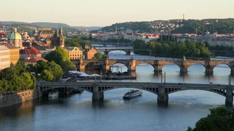View of the Prague bridges at sunset Stock Footage 275244072