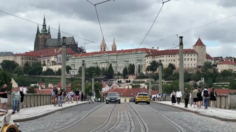 View of Prague castle from Manes Bridge Stock Footage 279081489