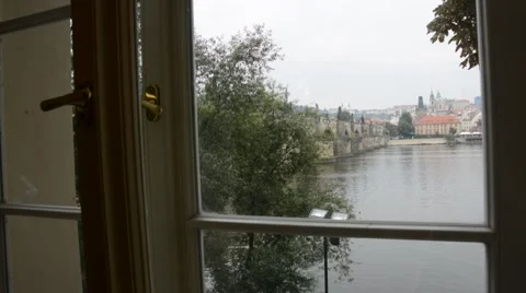 View of Prague city behind the window Stock Footage 54667709