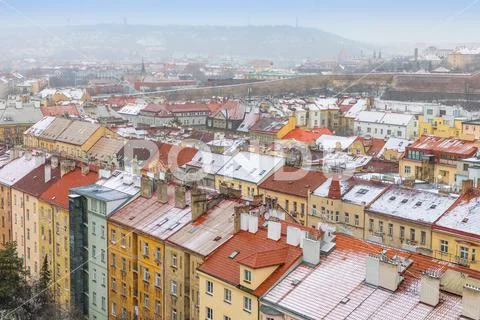 View of Prague streets and Vysehrad hill in Praha 2 district from Nusle bridge Stock Photos