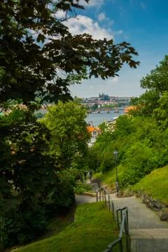 View of Prague timelapse from the observation deck of Visegrad. Prague. Czech Stockfoto's