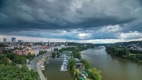 View of Prague timelapse from the observation deck of Visegrad. Prague. Cze.. Stock Photos