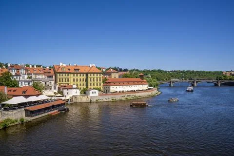 View of Pragues Mal Strana district along the Vltava River Stock Photos