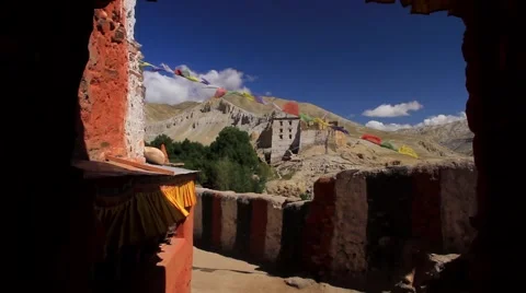 View of prayer flags hanging outside a monastery Stock Footage 62924068