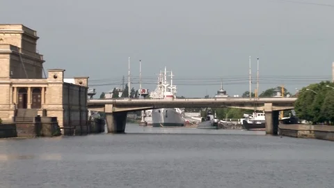 View from Pregolya River on vessel Vityaz and submarine B-413. Stock Footage 110812401