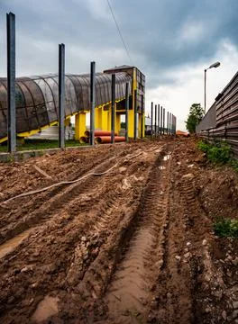 View of the preparation for the construction of the road mud and devastation Stock Photos