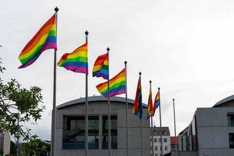 View of the Pride Flags waving in the air their colorful colores in the Iceland Foto stock