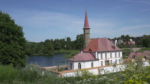 View of Priory Palace or castle in Gatchina on southeast shore of Black Lake Stock Footage 115054642
