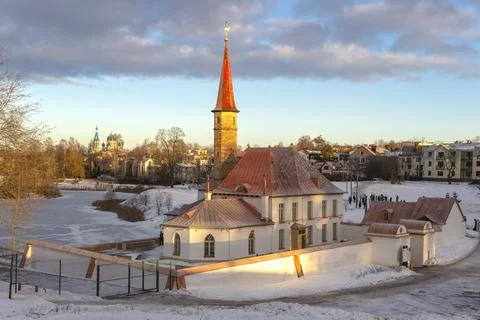 View of the Priory Palace on a winter evening. Gatchina, Leningrad region Stock Photos