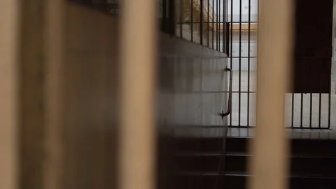 View of prison corridor through metal bars. camera moves from left to right Stock Footage 120091575