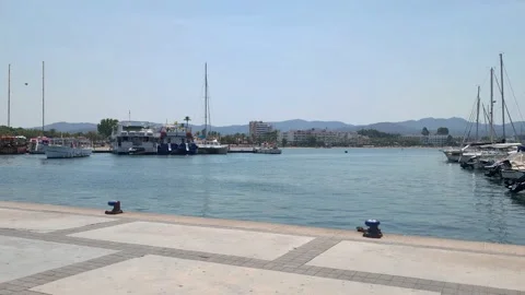 View of private yachts, boats and ships in San Antonio harbour, Ibiza summer Stock Footage 320551106
