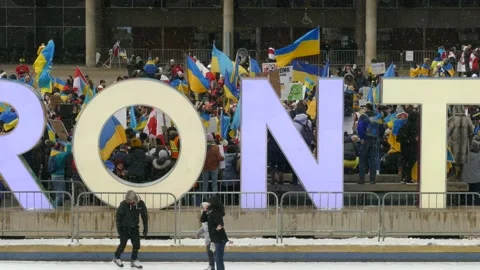 View Of Pro Ukrainian Rally Taking Place Behind Nathan Phillips Square Stock Footage 171264693