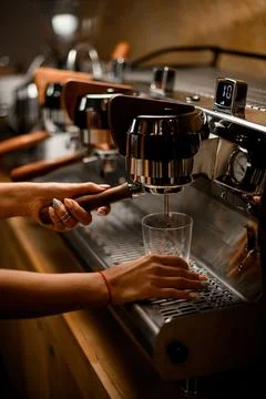 View of professional coffee machine with which barista prepares coffee Stock-Fotos