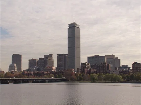 View of Prudential Tower and Back Bay skyline from across the Charles River Stock Footage 86750353