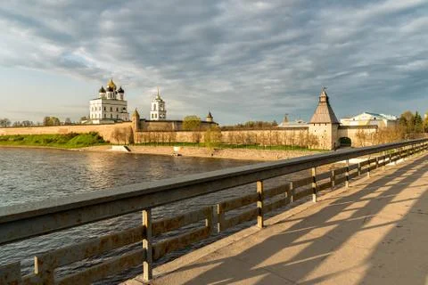 View of the Pskov Kremlin Krom or on the Velikaya River at sunset, Russia Stock Photos